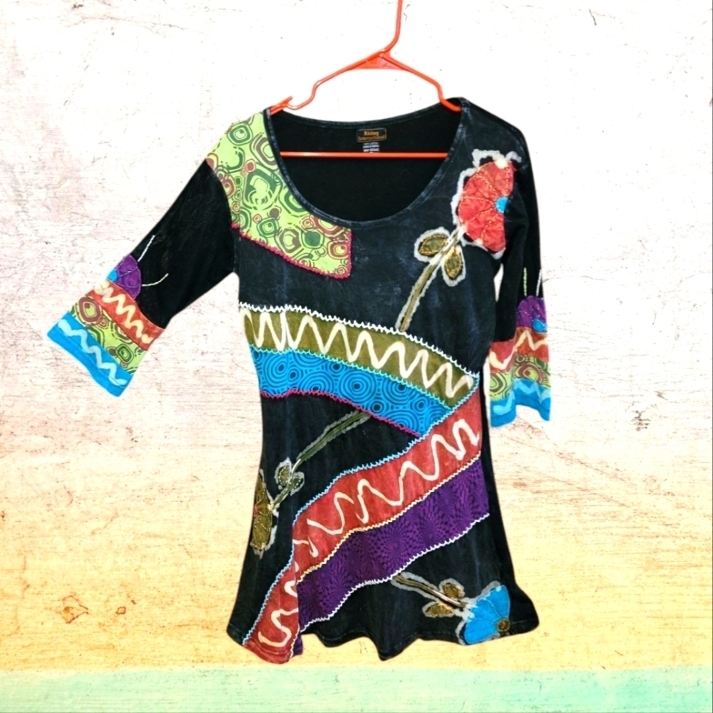 Rising International sunrsei Patchwork Mini Tunic Dress Floral Applique T03